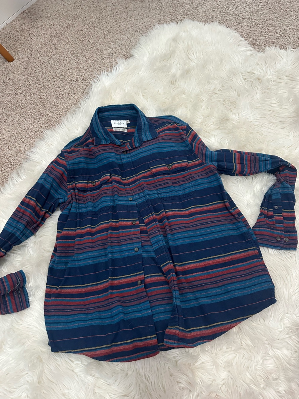 Goodfellow & Co Navy Blue and Red Striped Casual Button-Down Shirt